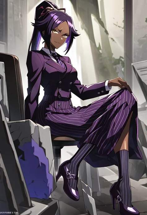  Full body Yoruichi as a thin Black business woman in a double breasted pinstripe purple  skirt suit while wearing a tie with a very long purple pinstripe skirt and with purple knee sock’s wearing purple heels while sitting full art anime 