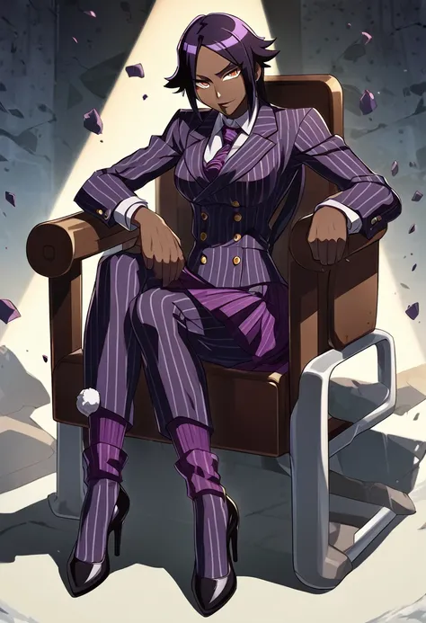  Full body Yoruichi as a thin Black business woman in a double breasted pinstripe purple  skirt suit while wearing a tie with a very long purple pinstripe skirt and with purple knee sock’s wearing purple heels while sitting full art anime 