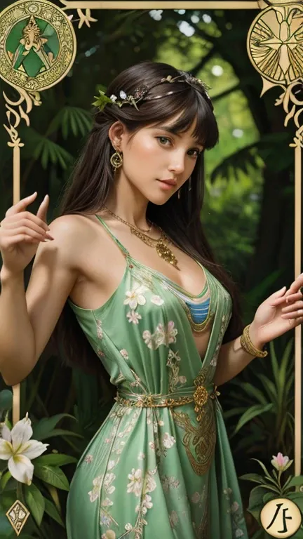 masterpiece, best quality, Alphonse Mucha, Art Nouveau, (tarot card style:1.3), Unique tarot card frame blends floral and green elements, blunt bangs, black long straight hair, looking at the audience, Surround yourself with green gardens, A mysterious gir...