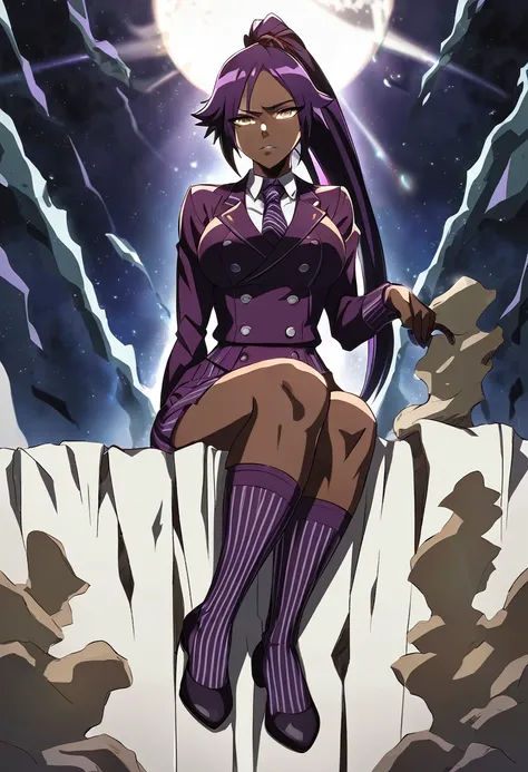 full body yoruichi as a thin black business woman in a double breasted pinstripe purple  skirt suit while wearing a tie with a l...