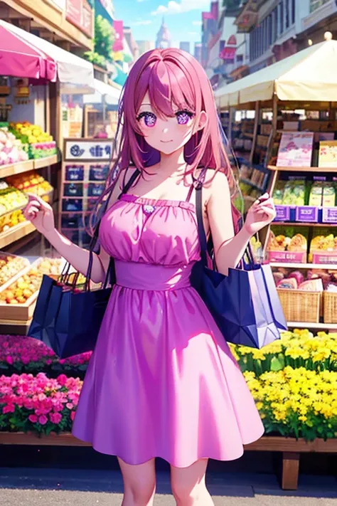 A pink haired woman with violet  eyes with an hourglass figure in a cute summer dress is shopping in the market 
