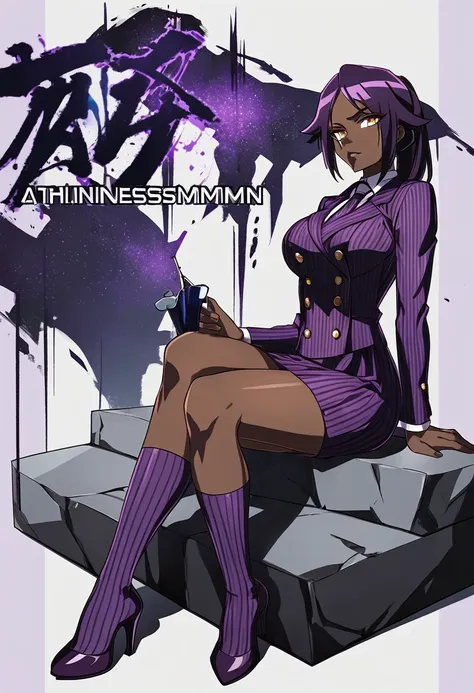  Full body Yoruichi as a thin Black business woman in a double breasted pinstripe purple  skirt suit while wearing a tie with a long purple pinstripe skirt and with purple knee sock’s wearing purple heels while sitting full art anime 