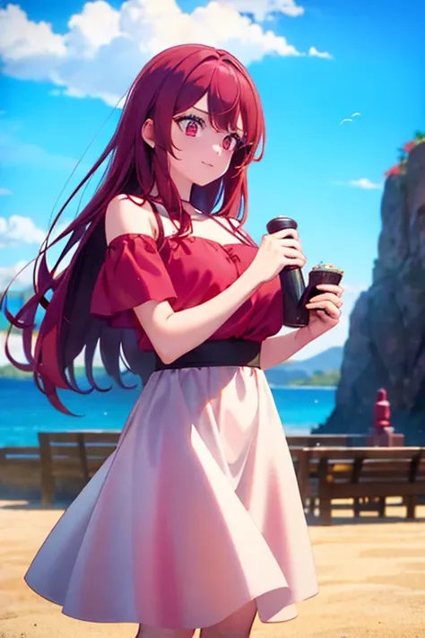 A red haired woman with red eyes with an hourglass figure in a cute summer dress is holding a movie in her hands