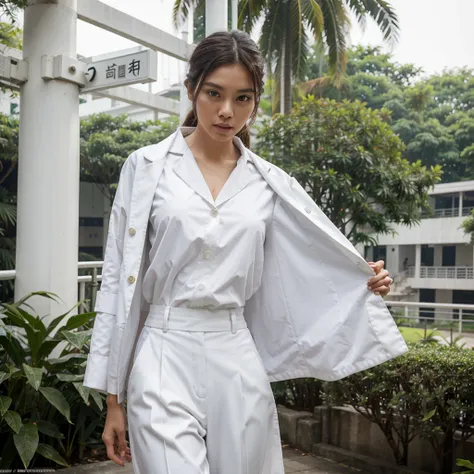 female supermodel. singapore chinese. jurong bird park, singapore. white doctor coat. white formal shirt. white trousers. close-...