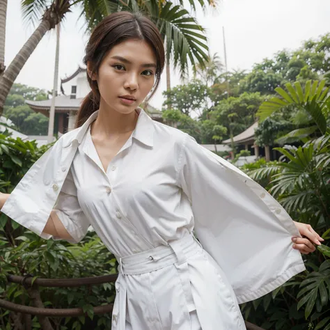 female supermodel. singapore chinese. jurong bird park, singapore. white doctor coat. white formal shirt. white trousers. close-...