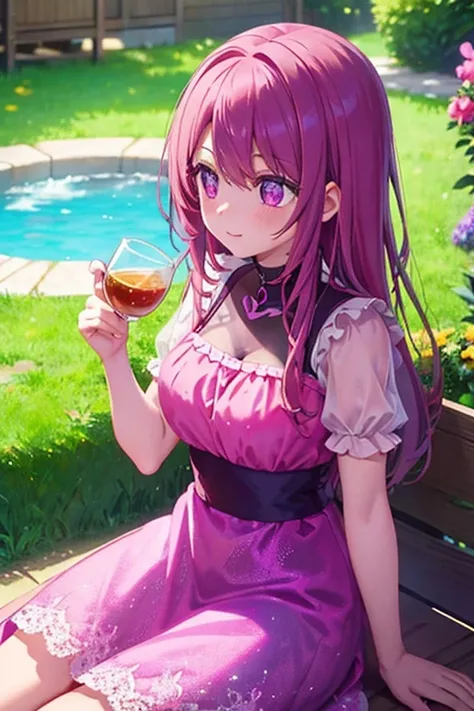 A pink haired woman with violet eyes with an hourglass figure in a cute summer dress is drinking tea in a backyard