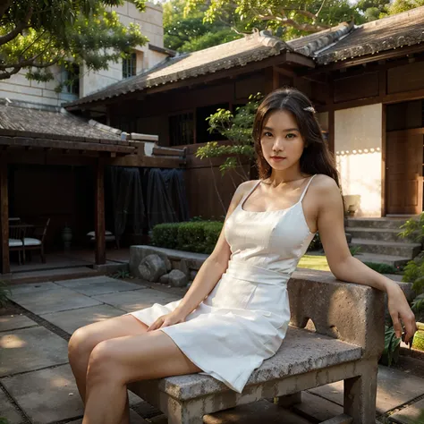 Female supermodel. Sits on granite bench. Jim Thompson House Museum. White evening dress. Sunset.