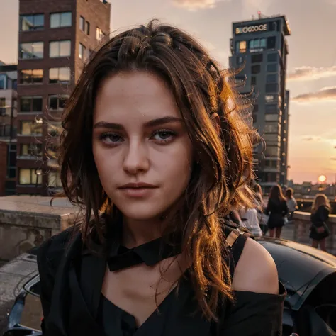 Female supermodel. Shoreditch, London. Black evening dress. Sunset