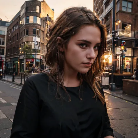 Female supermodel. Shoreditch, London. Black evening dress. Sunset