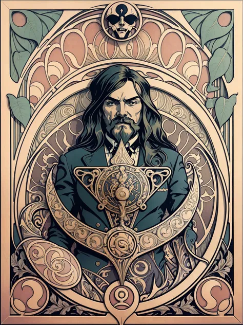 ((Art Nouveau Style)); Portrait of Lemmy Kilmister as The King of Spades; symmetrical with thick lines, Fibonacci, golden ratio, 3D metal structure tessellation, neural graphic, neurons, color, love, passion, incredibly detailed, 8k, masterpiece, artstatio...