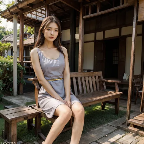 Female supermodel. Sits on wooden bench. Kunawong House Museum. Pastel gray evening dress. Sunset.