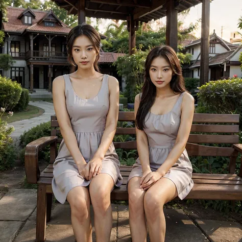 Female supermodel. Sits on wooden bench. Kunawong House Museum. Pastel gray evening dress. Sunset.