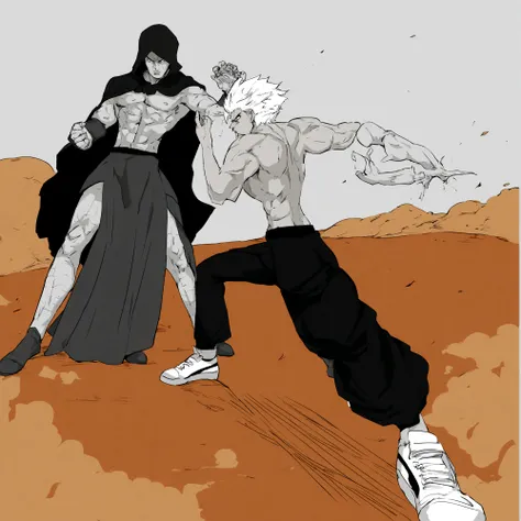 male boy, white hair, male boy fighting against a very fearsome enemy, manga style