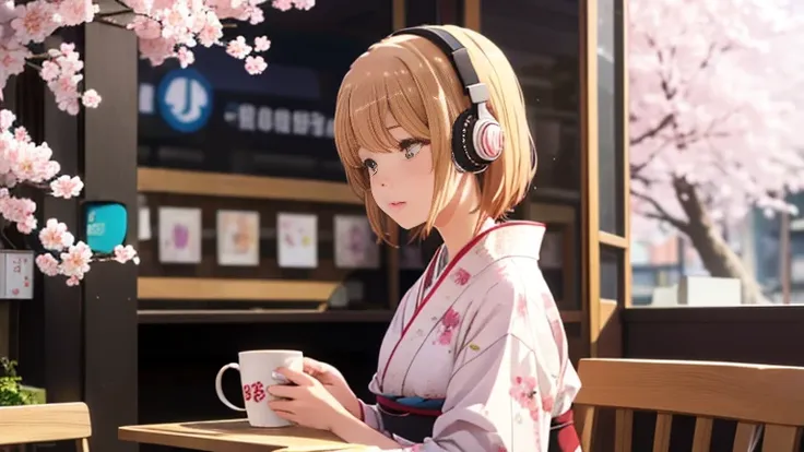 beautiful girl in a kimono drinking coffee while listening to music on headphones in a cafe、warm lighting、cherry blossoms in ful...