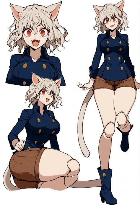 solo,open mouth,fangs,smile, neferpitou,1girl,red eyes,cat ears, blue jacket,double-breasted, (nature:1.2),stading, full body, b...