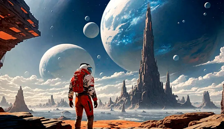 un homme debout sur une surface rocheuse regardant les planètes, art de science-fictionwork, Fond d&#39;écran fantastique de science-fiction, science-fiction spatiale, art de science-fictionwork, Espace fantastique, art de science-fictionwork, art de scien...