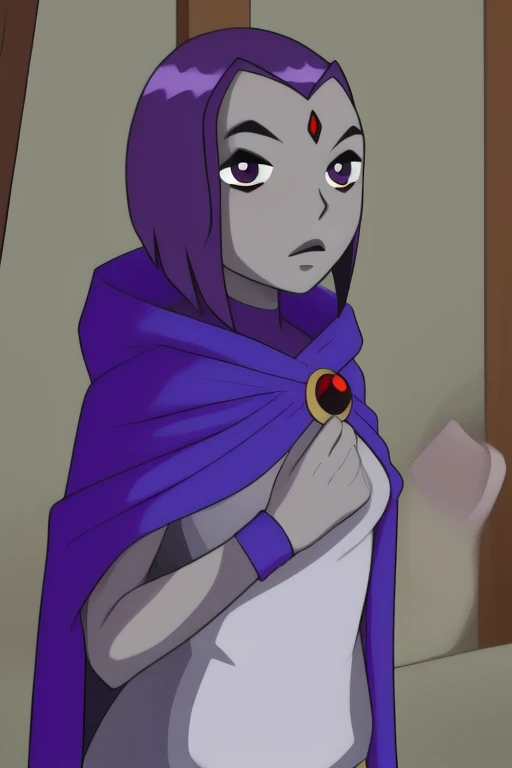 score_9, score_8_up, score_7_up, volumetric lighting,
white raven, 1girl, solo, short hair, purple hair, hood, cape, colored skin, cloak, grey skin, forehead jewel
