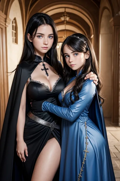 mother and daughter portrait break: daughter teenager(1.3), 13 years old, very small breats, black hair , blue eyes, detailed face, angelical face, dress with cape, desing with christian cross, cleavage ,soft lesbian, break: mature mother, middle-age, long...