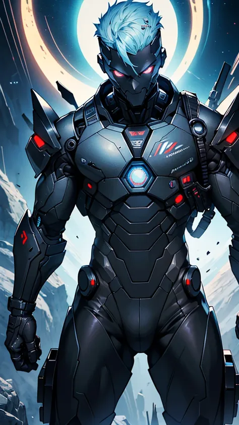 20 year old cybernetic guy in black mobile cybernetic battle suit detailed muscles realistic masterpieces full figure pose (best quality,ultra-detailed), light blue hair, black eyes, fit body, slender figure, (evil grin expression), wearing cybernetic batt...