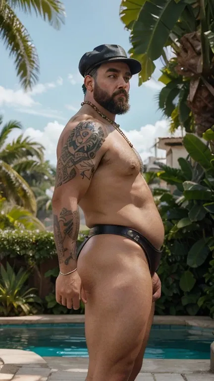 Only plump, chubby, extremely thick thighs, large belly, fat, age 50, 1 chubby man (homem completamente de costa , He is facing away from the viewer only with his back turned,. Pool Scenario, beautiful mansion, Plantas Estilo urban jungle. Dia de sol, magn...