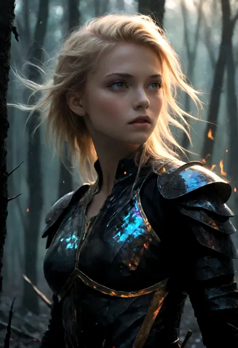 ((Masterpiece in maximum 16K resolution):1.6),((soft_color_photograpy:)1.5), ((Ultra-Detailed):1.4),((Movie-like still images and dynamic angles):1.3) | ((double contact):1.3), ((Fierce Blonde Female warrior silhoutte effect):1.2), ((Superimposed on Pretty...