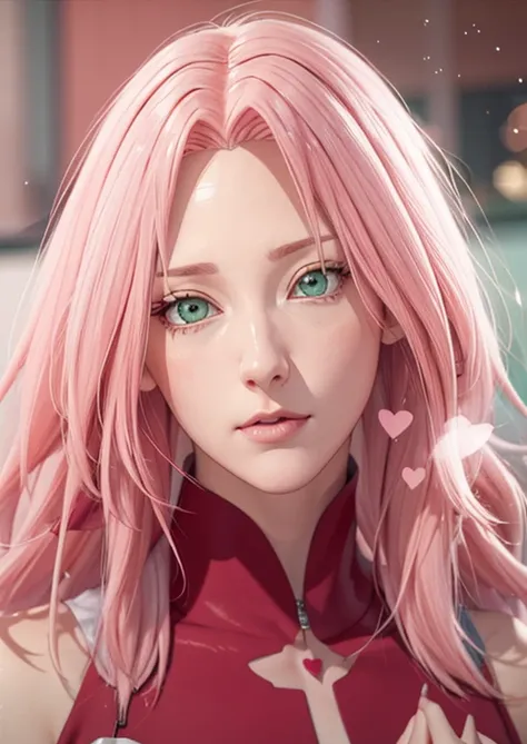 young woman, pale skin, short bubblegum pink hair, wide forehead, emerald green eyes, buttoned nose, peach lips, heart-shaped face, slender, red clothes, Sakura Haruno, 3d, realism, angelic face, maya in net
