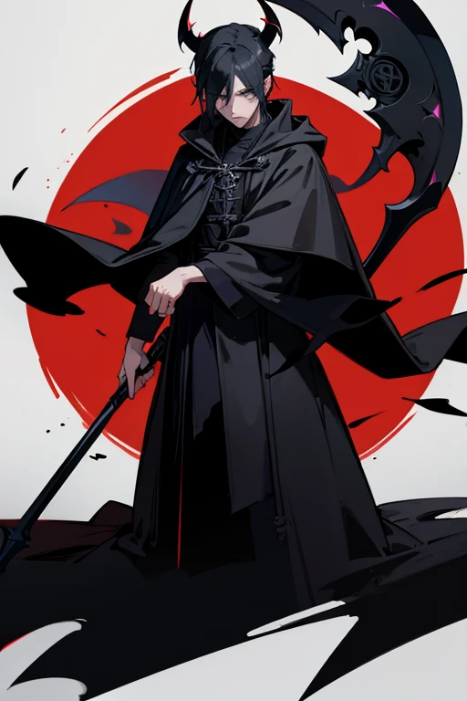 A male devil, black scythe in hands, black robes, black cloak, 