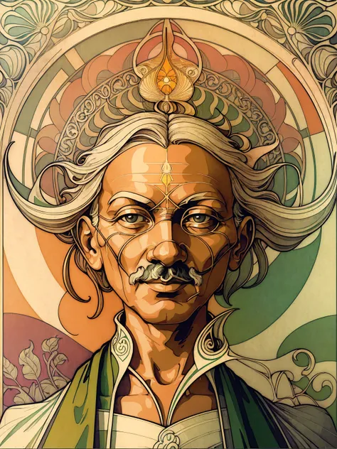 ((Art Nouveau Style)); Orange, white and green color palette; ((muted colors)); Portrait of Mahatma Gandhi; symmetrical with thick lines, Fibonacci, golden ratio, 3D metal structure tessellation, neural graphic, neurons, color, love, passion, incredibly de...