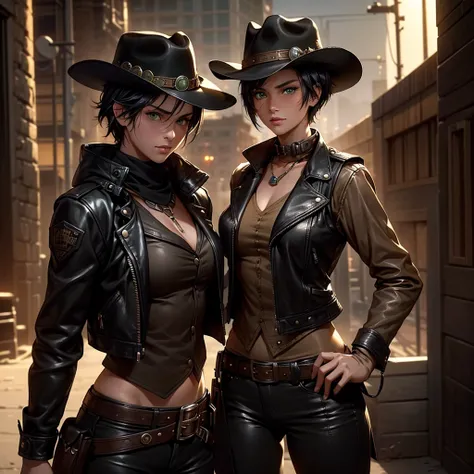 "Generate a high-quality image of a young woman with short black hair, green eyes, and freckles. She wears a brown leather jacket over a black vest and a black cowboy hat. The scene, captured from a cowboy shot angle, blends Western and steampunk influence...