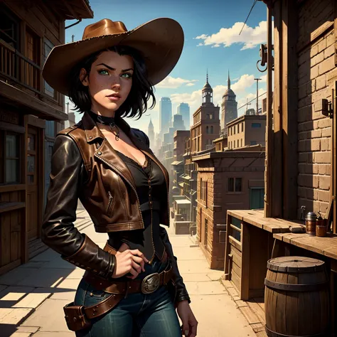 "Generate a high-quality image of a young woman with short black hair, green eyes, and freckles. She wears a brown leather jacket over a black vest and a black cowboy hat. The scene, captured from a cowboy shot angle, blends Western and steampunk influence...