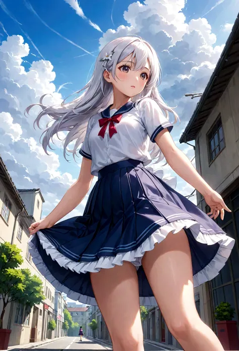 Low - Angle、Long skirt、強WindでHolding the flipping skirt with your hand、強WindでWhite cotton pantiesが見えている、:((Holding the flipping skirt with your hand))Low - Angle8Kで、highest quality、masterpiece、Ultra-detailed、Ultra-high resolution、Anime Style、1. High school...