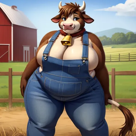 Solo, female, furry, cow, brown fur, pink nose, fat, chubby, fat rolls, thick thighs, on farm, cleavage, cowbell around neck, tank top, overalls, one strap unfastened, love handle overhang 