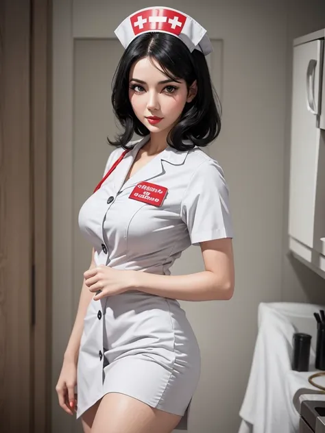 woman with black hair and white skin, gray eyes, dressed as a nurse. pin up style. sensual. whole body