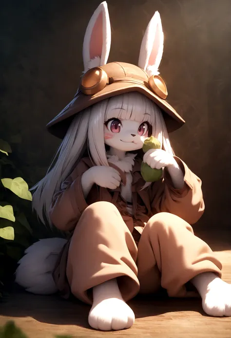 Nanachi(Made in Abyss,male,cute,furry,hat,rabbit-ear,silver hair,long hair,loose pants,tail,smile)is sitting and eating strange food,beautiful nature, you can see strange chaotic big animals at very far,, BREAK ,quality(8k,wallpaper of extremely detailed C...