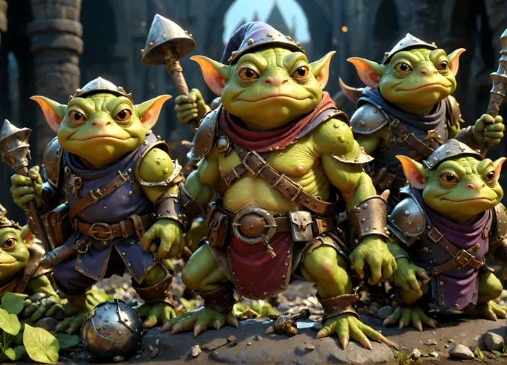 a squad of elite goblins, goblin sized toad, evil cowardly goblins, fighter cleric wizard thief, garbage versions of heroic armor, highly detailed, intricate, cinematic lighting, vibrant colors, 8k, hyper realistic, dark fantasy, masterpiece