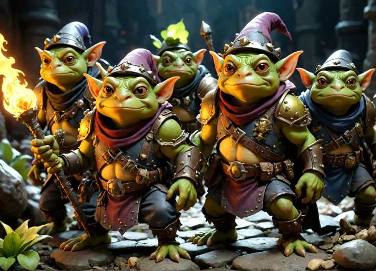 a squad of elite goblins, goblin sized toad, evil cowardly goblins, fighter cleric wizard thief, garbage versions of heroic armor, highly detailed, intricate, cinematic lighting, vibrant colors, 8k, hyper realistic, dark fantasy, masterpiece