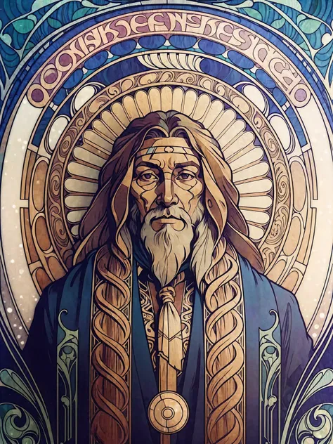 ((Art Nouveau Style)); Portrait of a Old Male Native American Chief with beard; symmetrical with thick lines, Fibonacci, golden ratio, 3D metal structure tessellation, neural graphic, neurons, color, love, passion, incredibly detailed, 8k, masterpiece, art...