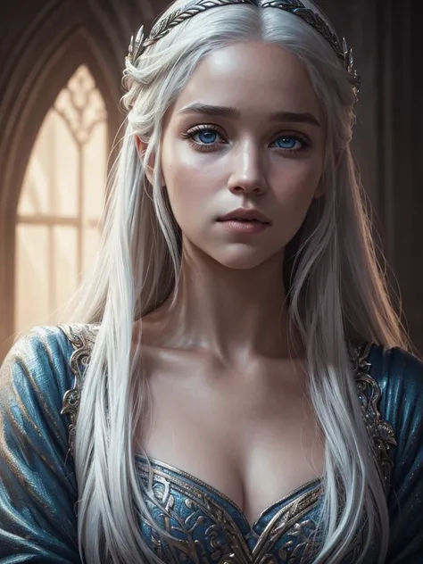 daenerys targaryen, portrait, 1girl, beautiful detailed eyes, beautiful detailed lips, extremely detailed face and skin, long white hair, silver crown, blue dress, dramatic lighting, cinematic, fantasy, hyper realistic, photorealistic, 8k, masterpiece, (be...