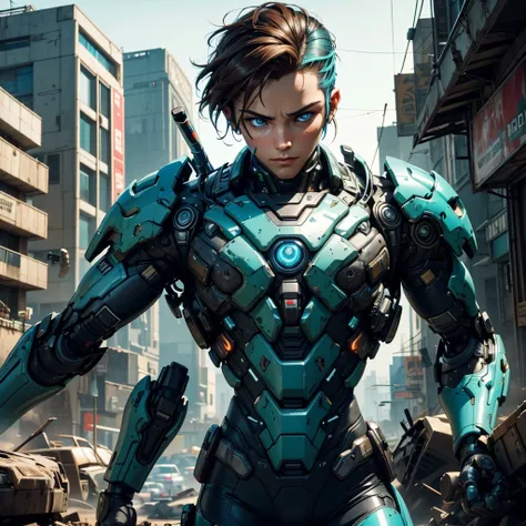 "Produce a top-quality image of a young man with brown hair and piercing blue eyes, donned in cyberpunk-style armour, blue with green details, from head to waist. He stands amid a scene of destruction, surrounded by wrecked military vehicles, against the b...