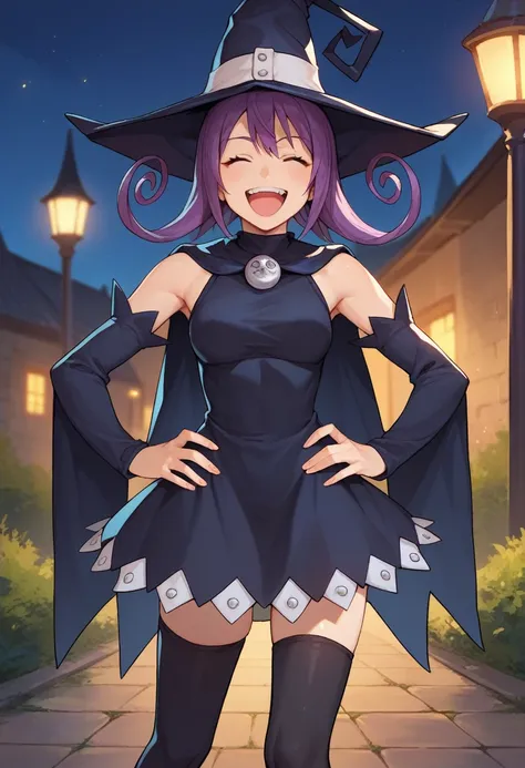 score_9, score_8_up, score_7_up, source_anime, solo, 1girl, seblair, laughing, upper teeth only, hands on hips, witch hat, close...