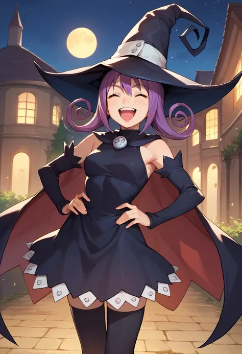 score_9, score_8_up, score_7_up, source_anime, solo, 1girl, seblair, laughing, upper teeth only, hands on hips, witch hat, close...