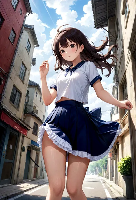 Long skirt for uniform、The color is dark blue、

、The strong wind blows her skirt up, revealing her white cotton panties

、Lined、