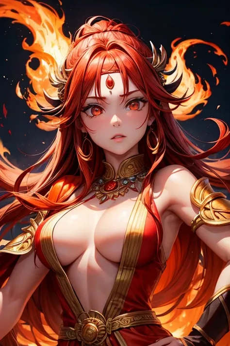 Goddess of fire, red fire hair, white skin, orange eyes, ancient roma skin color dress 