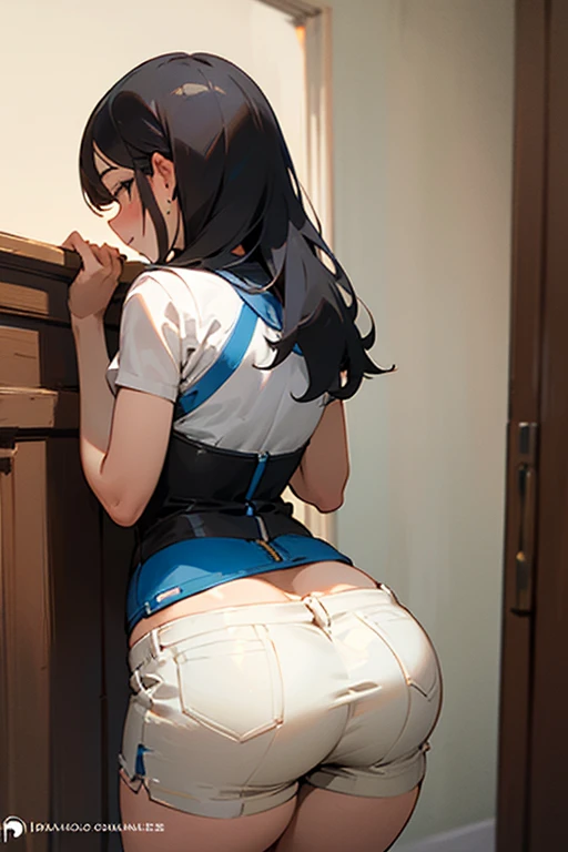 ((best quality)), ((masterpiece)), (detailed), Big butt shy girl on booty shorts 