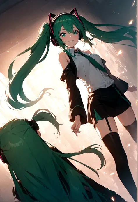 hatsune_miku(vocaloid,cute, age of 15, emerald green hair,very long twin tails,big eye,emerald green eyes, sleeveless white shirts,open shoulder,black bell sleeves,emerald green neck tie,black short skirt,black garter thigh high boots,black headset,red tat...