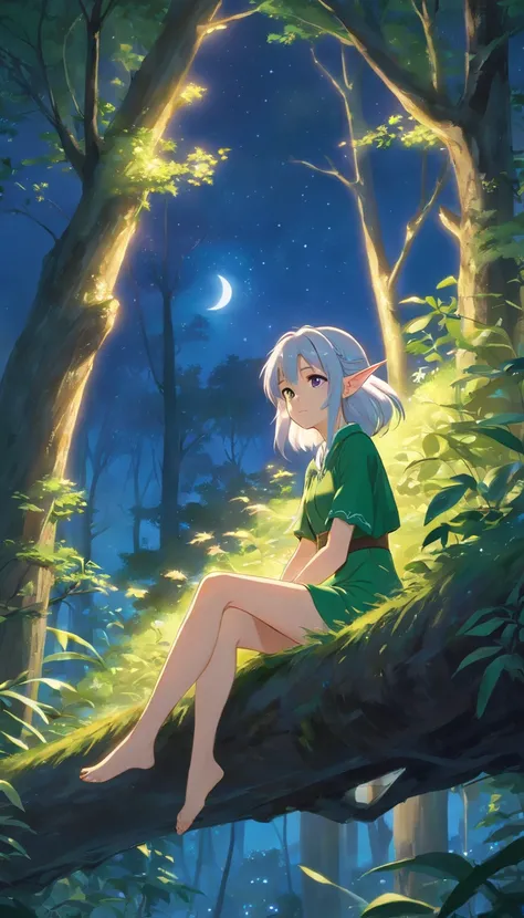 A young elf woman, with silver hair and bright purple eyes, is sitting on a tree, surrounded by a dense and lush forest. The night is bluish and clear, with the full moon shining brightly in the sky. Deers dance around your head, creating a magical and dec...