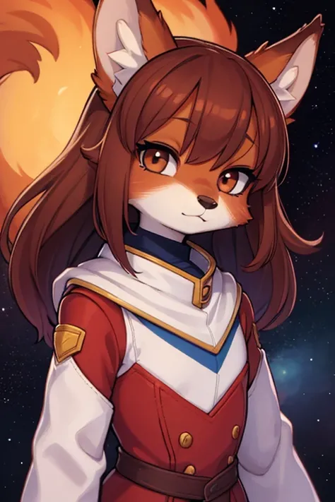 Fille astronaute dans le style furry renard , long brown hair , des oreilles de renard et queue de renard , et des taches de rousseur , in colored space 