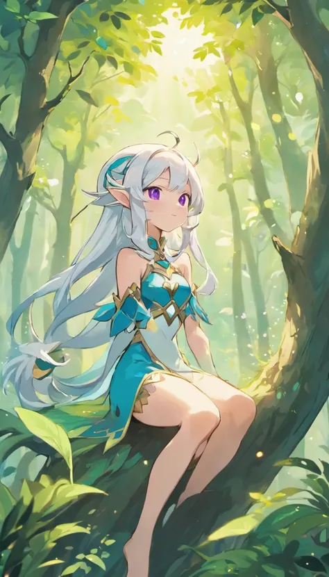 A young elf woman, with silver hair and bright purple eyes, is sitting on a tree, surrounded by a dense and lush forest. The night is bluish and clear, with the full moon shining brightly in the sky. Deers dance around your head, creating a magical and dec...