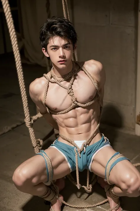 (((18 year old shirtless, very skinny twink))), fair hair, handsome face (((wearing gym shorts))) biceps flexed, kneeling, ((((Trussed up completely with rope)))), ((((very tight rope crossed over chest)))), sweating, wet skin, Afraid in a dungeon with can...