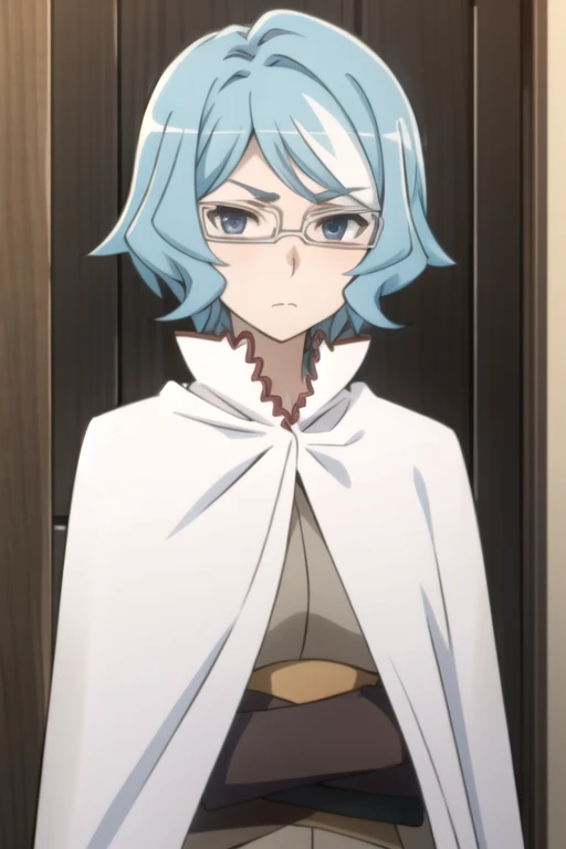 tall body, tall, long legs, mature female, mature, adult, eft_danmachi_blue, glasses, 1girl, female focus, solo, upper body, looking at viewer, frown, blue hair, blue eyes, grey hair, parody, short hair, white cape, closed mouth, expressionless, anime colo...